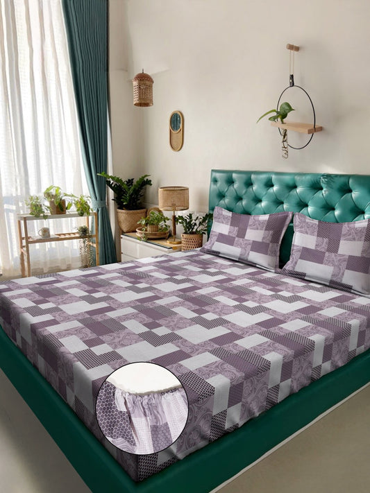 Purple Geometric 400 TC Pure Cotton Fitted Double Bedsheet with 2 Pillow Covers