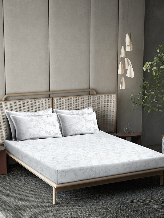 OffWhite Floral 400 TC Pure Cotton Fitted Super King Double Bedsheet with 4 Pillow Covers