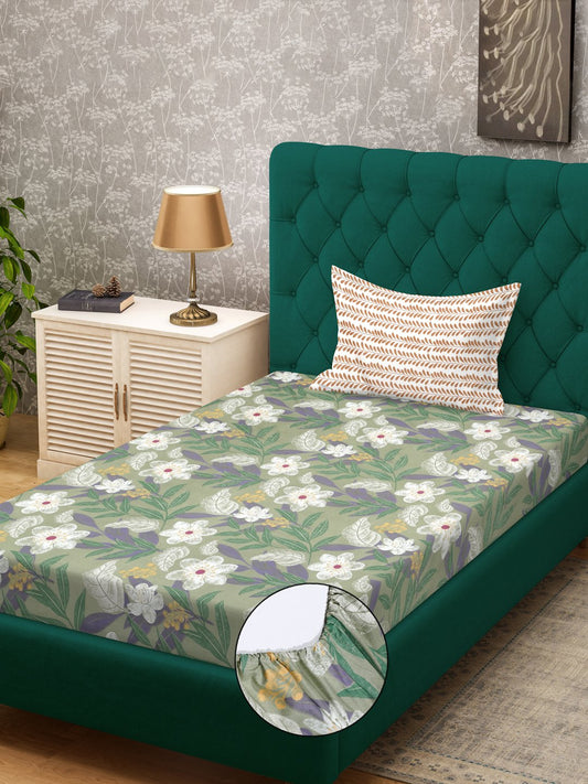 Green Floral 300 TC Cotton Blend Fitted Single Bedsheet in Book Fold Packing