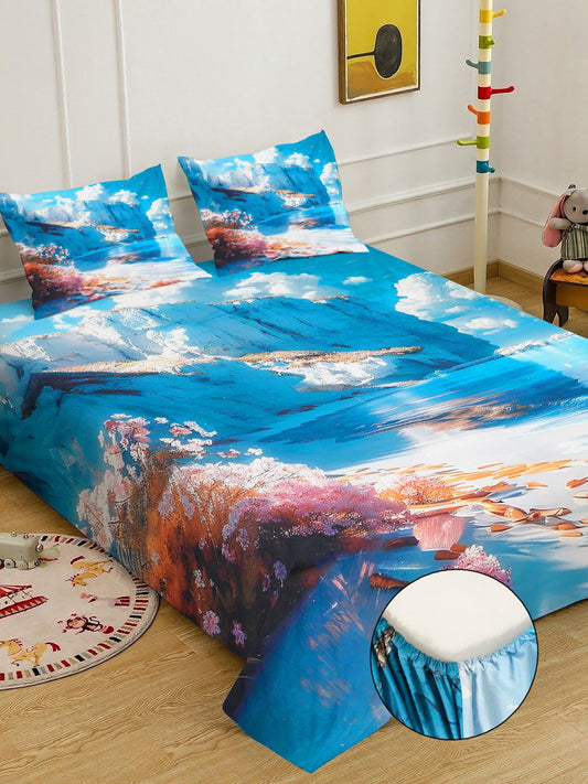 Blue 7D Floral Printed Fitted Cotton Blend Double Bedsheet with 2 Pillow Covers