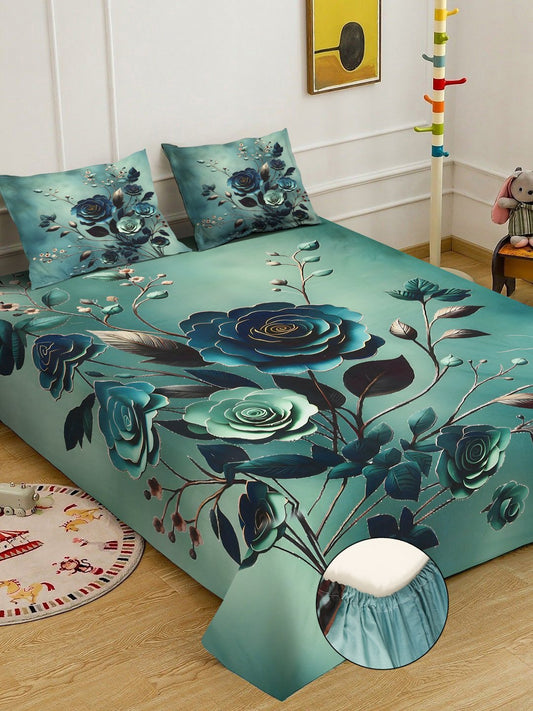 Green Digital Floral Printed Cotton Blend Fitted Double Bedsheet with 2 Pillow Covers