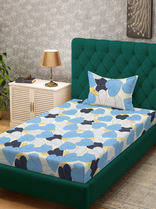 Blue Floral 300 TC Cotton Blend Single Bedsheet Set in Book Fold Packing