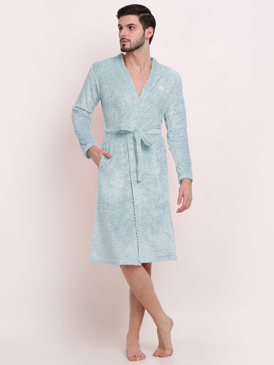 Men Turquoise Self Design Wool Bath Robe With Belt