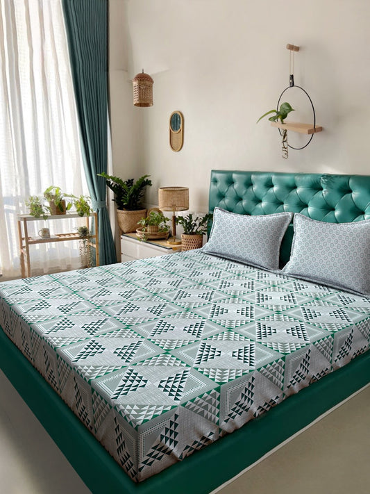 Green Geometric 400 TC Pure Cotton Double Bedsheet with 2 Pillow Covers