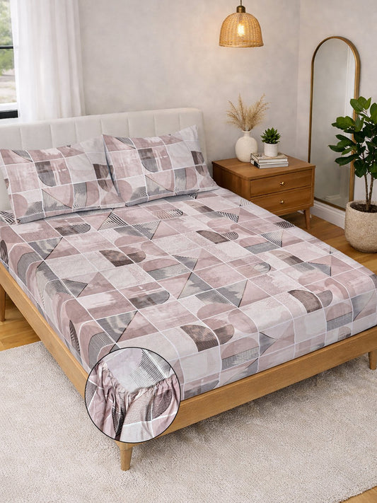 Multi Geometric Cotton Blend Fitted Double Bedsheet with 2 Pillow Covers