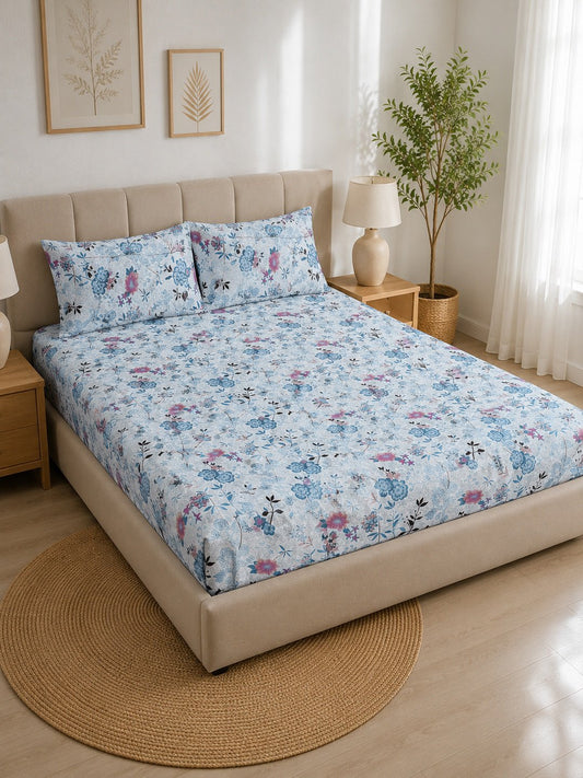 Blue Floral Cotton Blend Double Bedsheet with 2 Pillow Covers