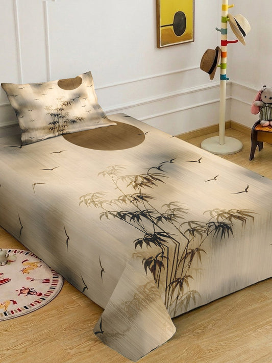 Beige Digital Floral Printed Cotton Blend Single Bedsheet with Pillow Cover