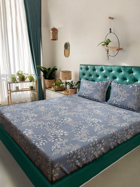 Grey Floral 300 TC Cotton Blend Fitted Double Bedsheet with 2 Pillow Covers