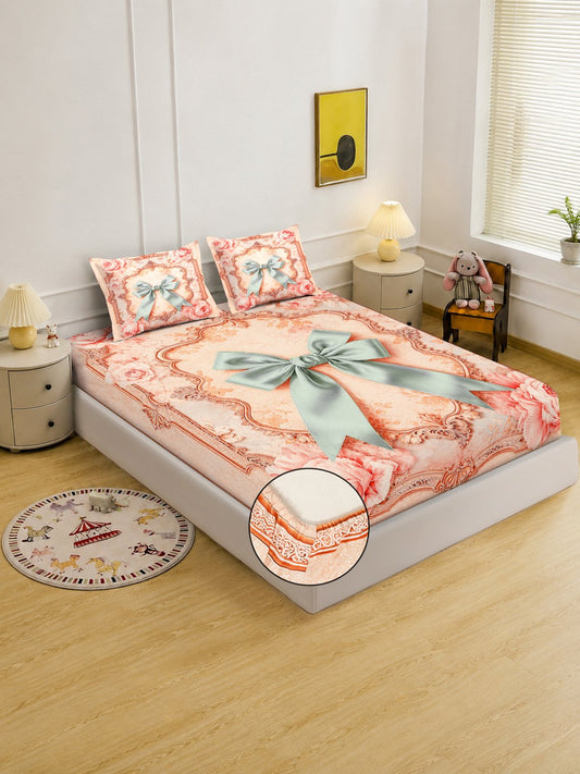 Digital Printed Peach Floral Cotton Blend Fitted Double Bedsheet with 2 Pillow Covers