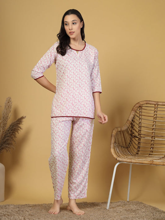 Women Pink Floral Cotton Blend Night Suit