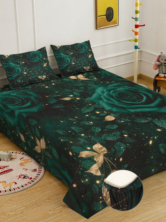 Green Digital Floral Printed Cotton Blend Fitted Double Bedsheet with 2 Pillow Covers