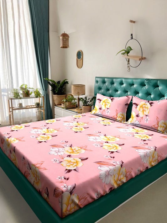 Pink Floral 300 TC Cotton Blend Fitted Double Bedsheet with 2 Pillow Covers