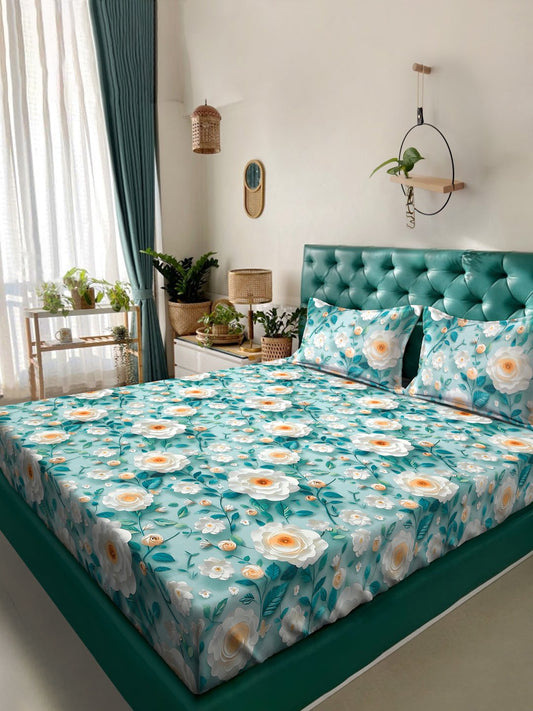 Turquoise Floral 7D King Size Cotton Blend Double Bedsheet with 2 Pillow Covers