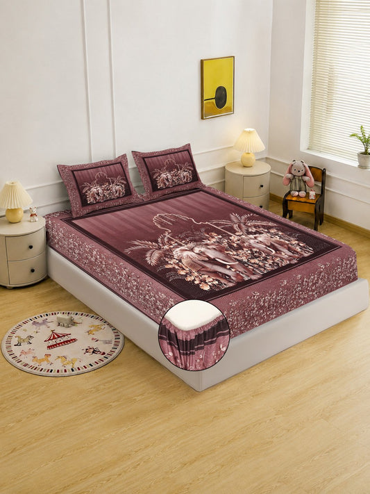 Digital Printed Rust Animal Cotton Blend Fitted Double Bedsheet with 2 Pillow Covers
