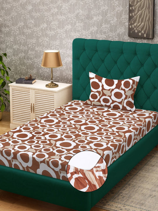 Rust Floral 300 TC Cotton Blend Fitted Single Bedsheet Set in Book Fold Packing