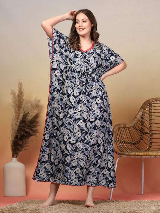 NavyBlue Floral Cotton Blend Kaftan Maxi Nightdress