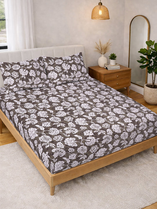 Brown Floral Cotton Blend Double Bedsheet with 2 Pillow Covers