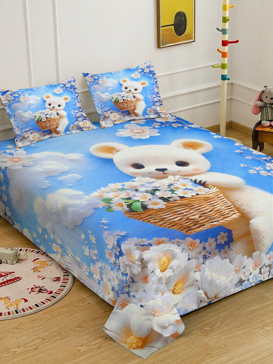 Blue Cartoon Characters 7D King Size Cotton Blend Double Bedsheet with 2 Pillow Covers