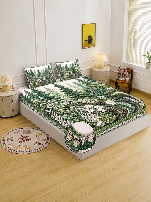 Digital Printed Green Floral Cotton Blend Fitted Double Bedsheet with 2 Pillow Covers