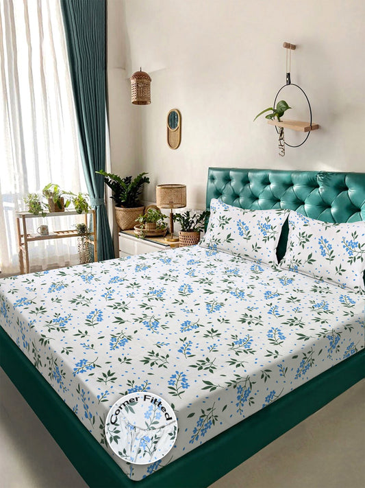 White Floral 300 TC Cotton Blend Fitted Double Bedsheet with 2 Pillow Covers