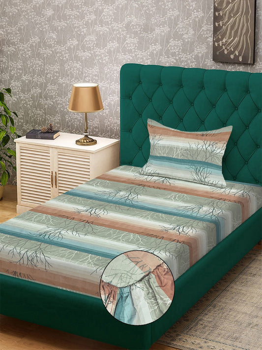 Multi Striped 300 TC Cotton Blend Fitted Single Bedsheet with Pillow Cover