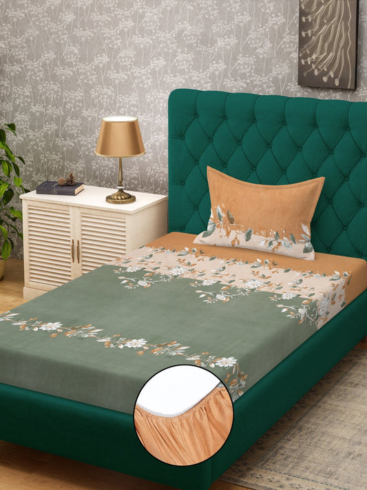 Green Floral 300 TC Cotton Blend Fitted Single Bedsheet in Book Fold Packing