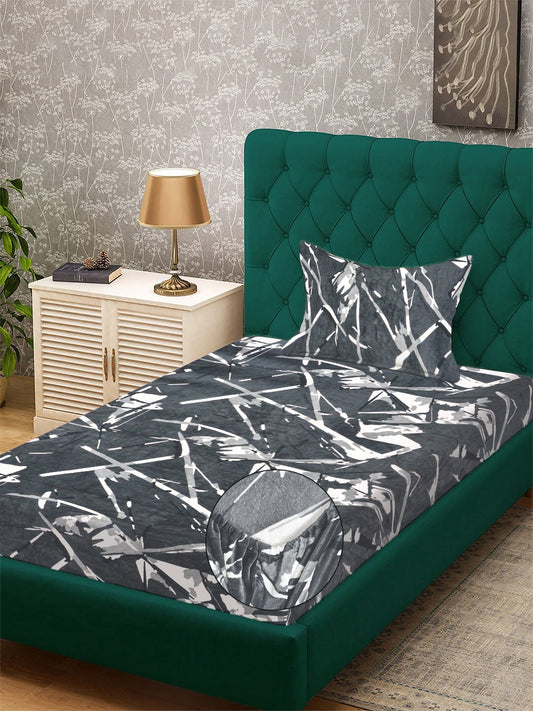 Grey Geometric Fitted Woolen Fitted Single Bedsheet with Pillow Cover