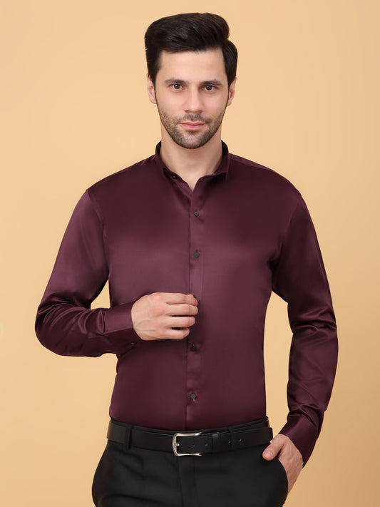 Klotthe Men Maroon Solid Spread Collar Satin Formal Shirt