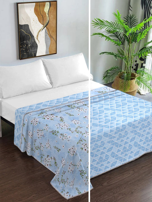 Blue Cotton Blend Floral Double Bed Dohar