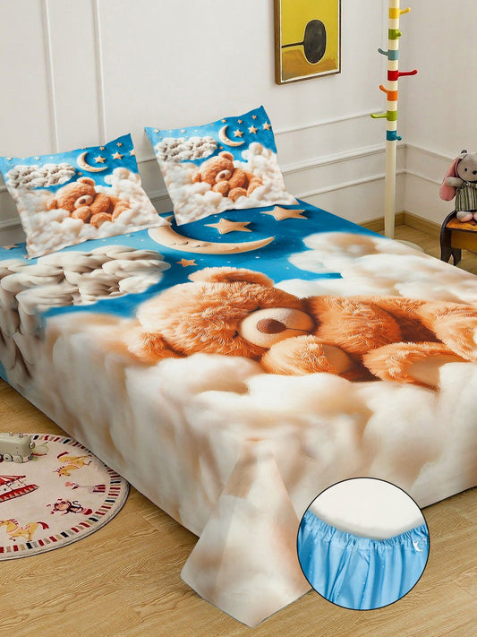 Multi 7D Cartoon Characters Printed Fitted Cotton Blend Double Bedsheet with 2 Pillow Covers