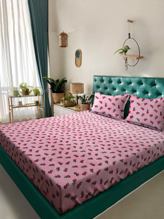 Pink Cartoon Characters Woolen Double Bed Sheet with 2 Pillow Covers