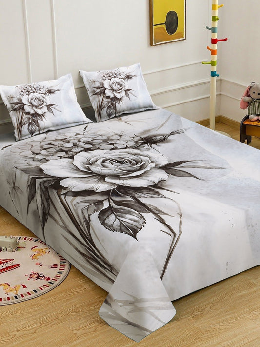 Grey Digital Floral Printed Cotton Blend Double Bedsheet with 2 Pillow Covers