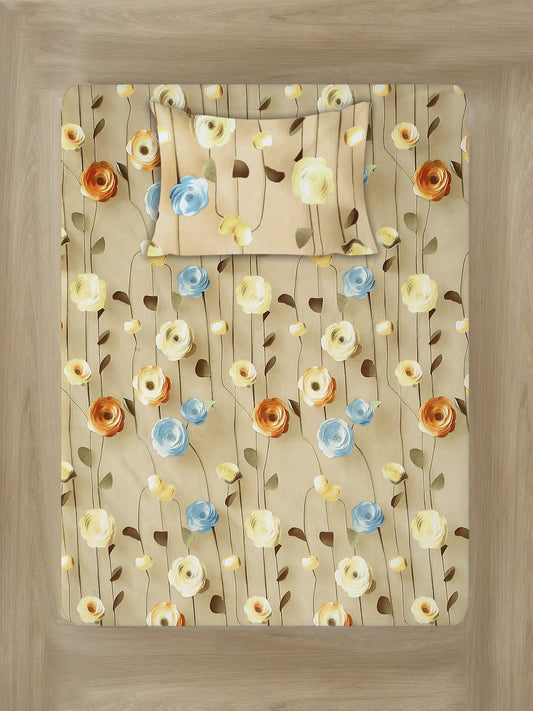Beige Floral 7D Cotton Blend Single Bedsheet with Pillow Cover