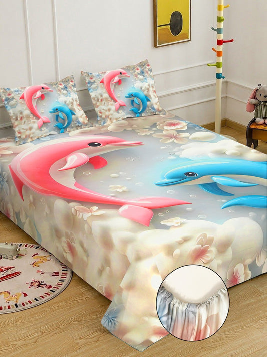Grey 7D Animal Printed Fitted Cotton Blend Double Bedsheet with 2 Pillow Covers