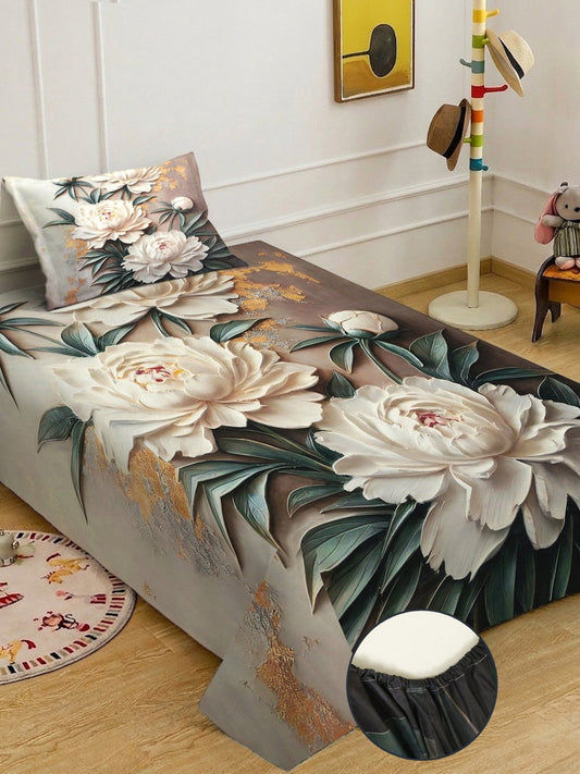 Brown Digital Floral Printed Cotton Blend Fitted Single Bedsheet with Pillow Cover