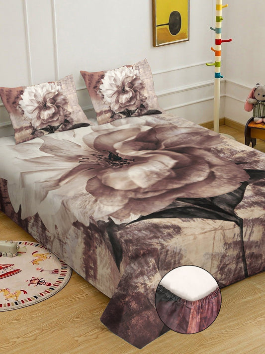 Brown 7D Floral Printed Fitted Cotton Blend Double Bedsheet with 2 Pillow Covers