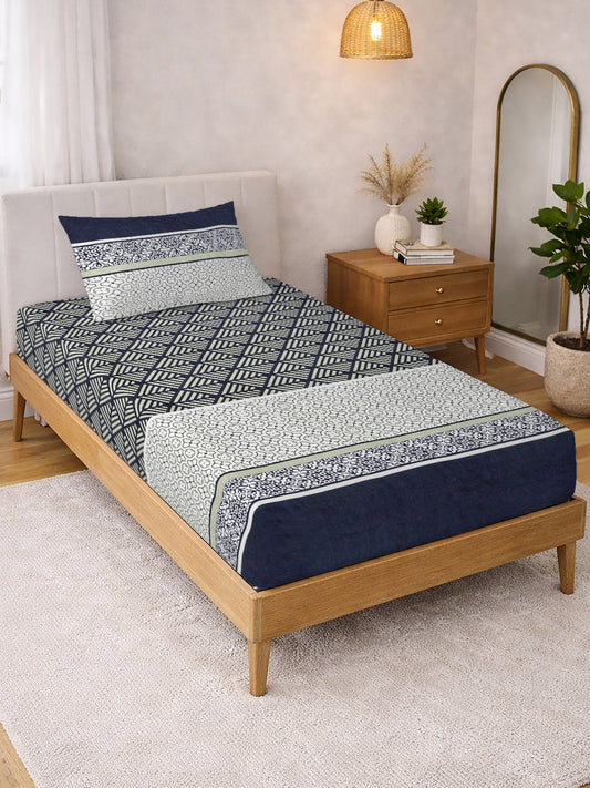 Multi Geometric Cotton Blend Single Bedsheet with Pillow Cover