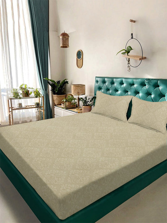 Beige Floral Embossed Cotton Blend Double Bedsheet with 2 Pillow Covers