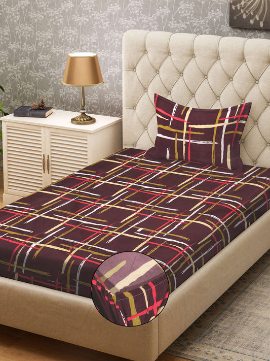 Klotthe Brown Striped 300 TC Cotton Blend Fitted Single Bedsheet with Pillow Cover