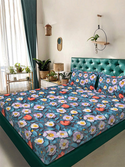 Blue Floral 7D King Size Cotton Blend Double Bedsheet with 2 Pillow Covers