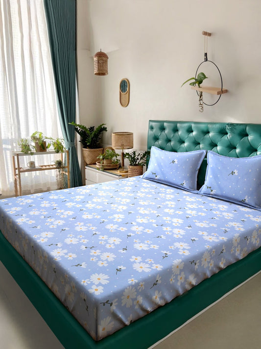 Blue Floral 300 TC Cotton Blend Double Bedsheet with 2 Pillow Covers
