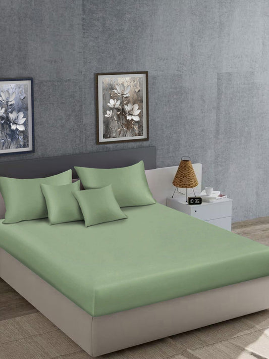 Olive Solid 400 TC Satin Super King Double Bedsheet with 2 Pillow Covers & 2 Cushion Covers