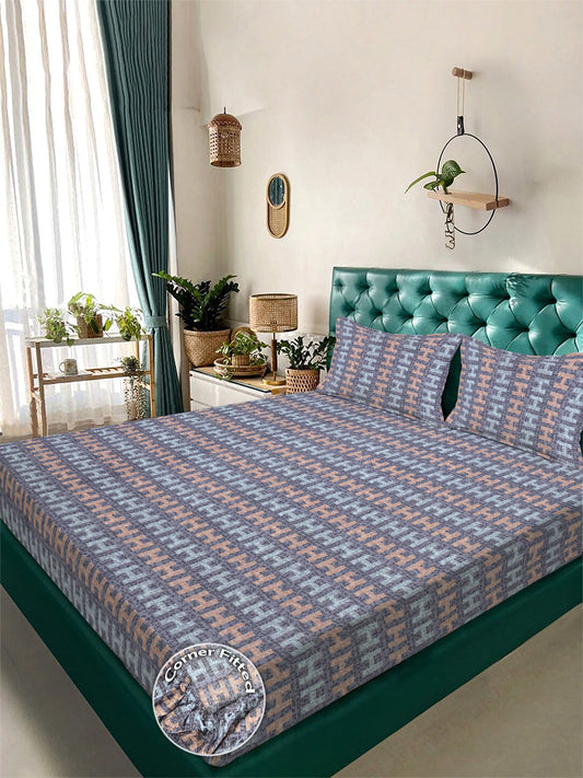 Purple Abstract 300 TC Cotton Blend Fitted Double Bedsheet with 2 Pillow Covers