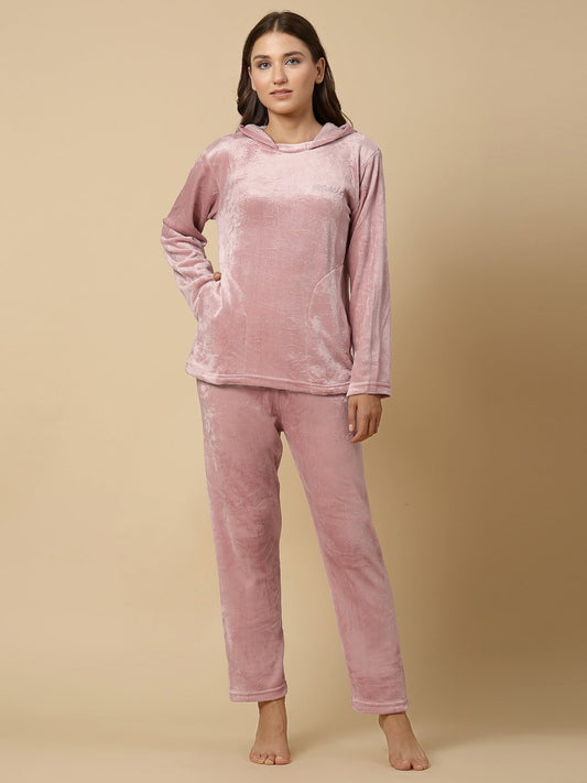 Klotthe Women Pink Wool Blend Solid Hooded Night Suit