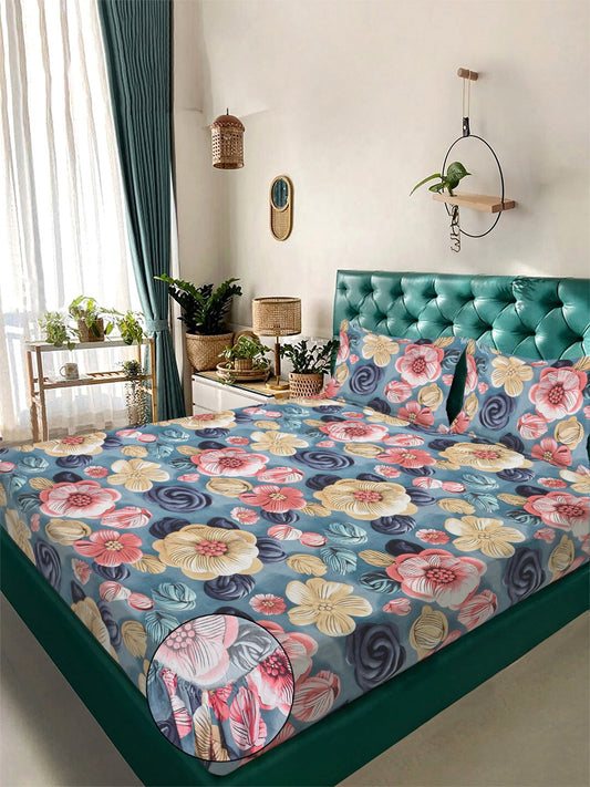 Blue Floral 7D King Size Cotton Blend Fitted Double Bedsheet with 2 Pillow Covers