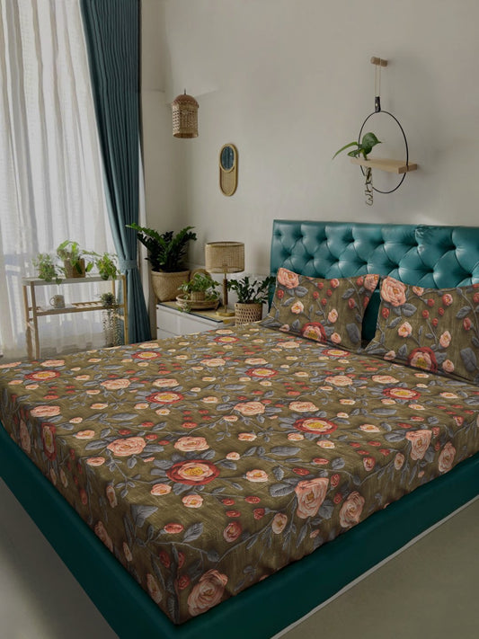 Olive Floral 7D King Size Cotton Blend Double Bedsheet with 2 Pillow Covers