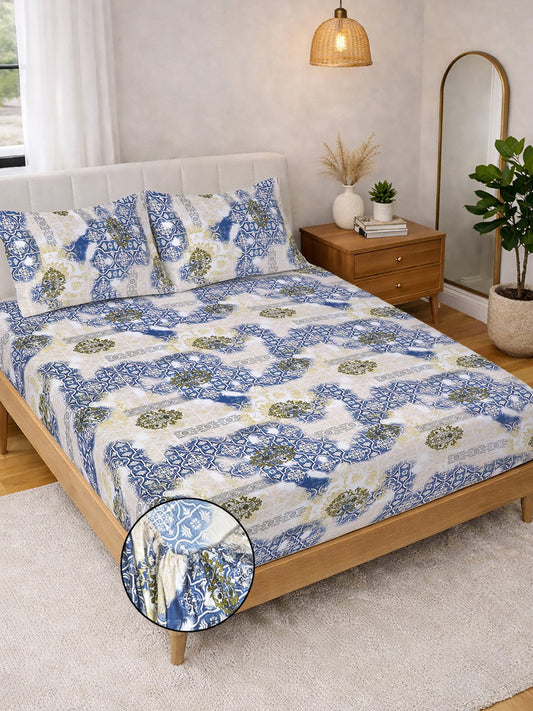 Blue Ethnic Motifs Fitted Fitted Cotton Blend Double Bedsheet with 2 Pillow Covers