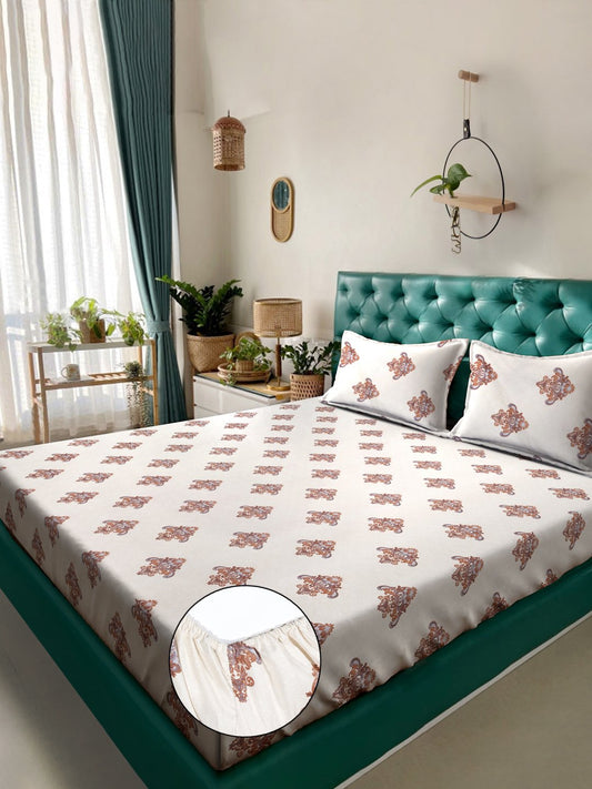 Cream Floral 300 TC Cotton Blend Fitted Double Bedsheet with 2 Pillow Covers