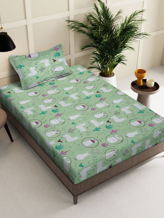 Klotthe Green Cartoon Characters 400 TC Pure Cotton Single Bedsheet with Pillow Cover