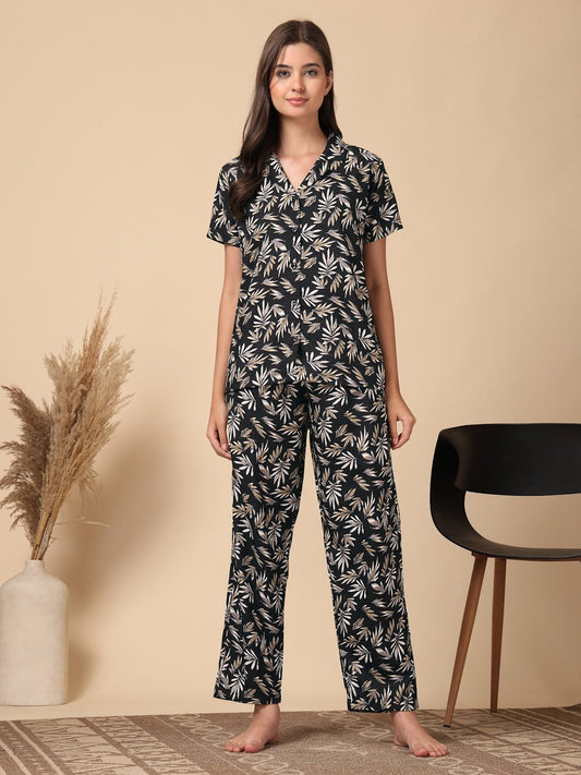 Black Floral Cotton Blend Women Night Suit